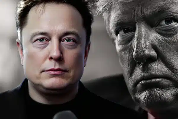 Musk et Trump dans une conversation tendue, visages contrastés.