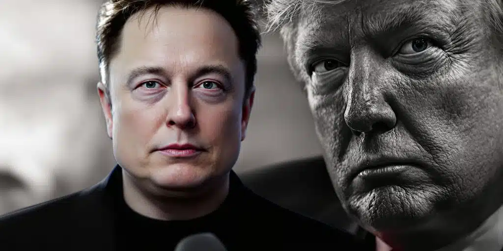 Musk et Trump dans une conversation tendue, visages contrastés.