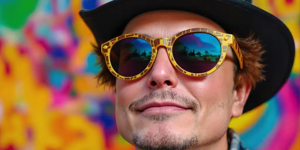 Elon Musk avec un chapeau drôle et des lunettes funky.