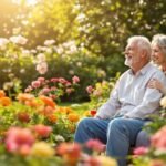 Couple retraité dans un jardin en fleurs.