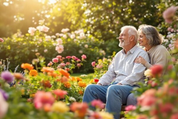 Couple retraité dans un jardin en fleurs.