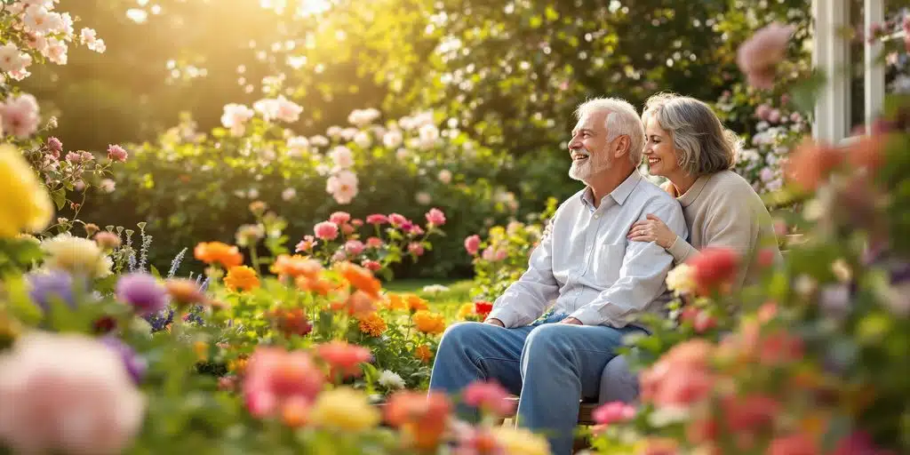 Couple retraité dans un jardin en fleurs.