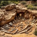 Fossiles d'Australopithèques dans un paysage naturel.