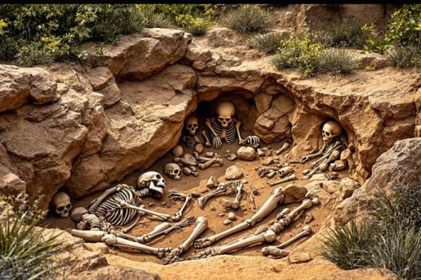 Fossiles d'Australopithèques dans un paysage naturel.