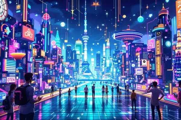 Ville futuriste avec éléments numériques lumineux.