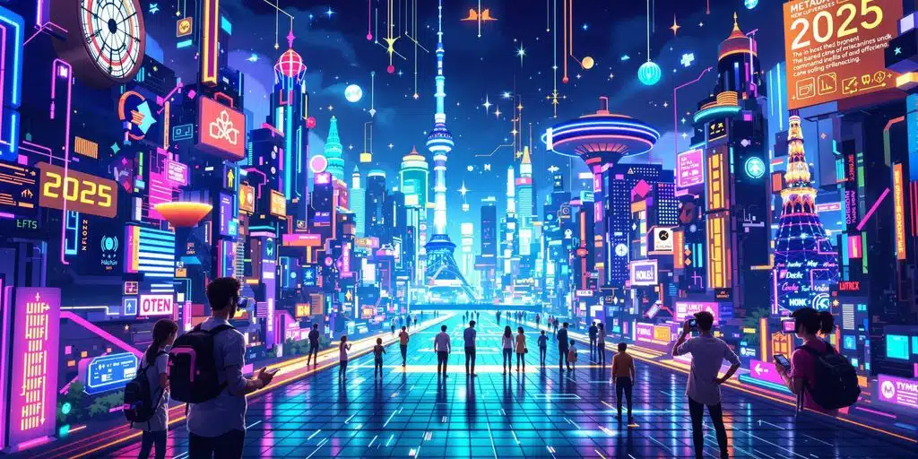 Ville futuriste avec éléments numériques lumineux.