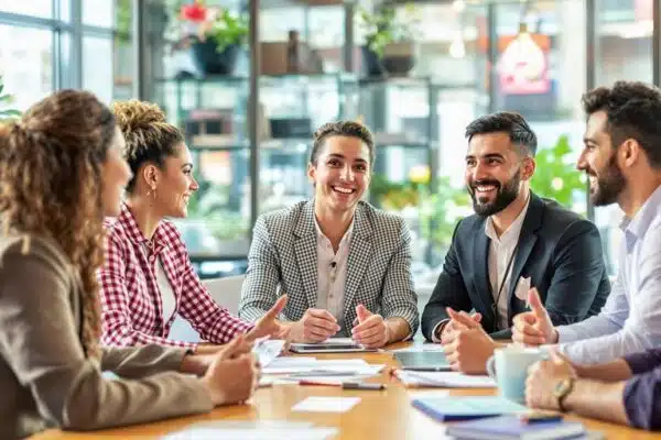 Groupe de professionnels en réunion d'affaires dynamique.