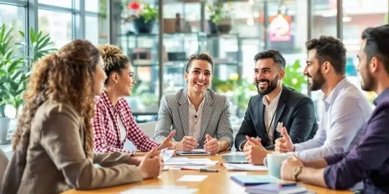 Groupe de professionnels en réunion d'affaires dynamique.