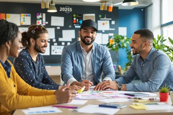 Des professionnels d'affaires collaborant dans un bureau moderne.