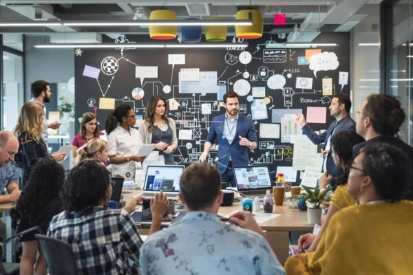 Un groupe de professionnels collaborant dans un bureau moderne.