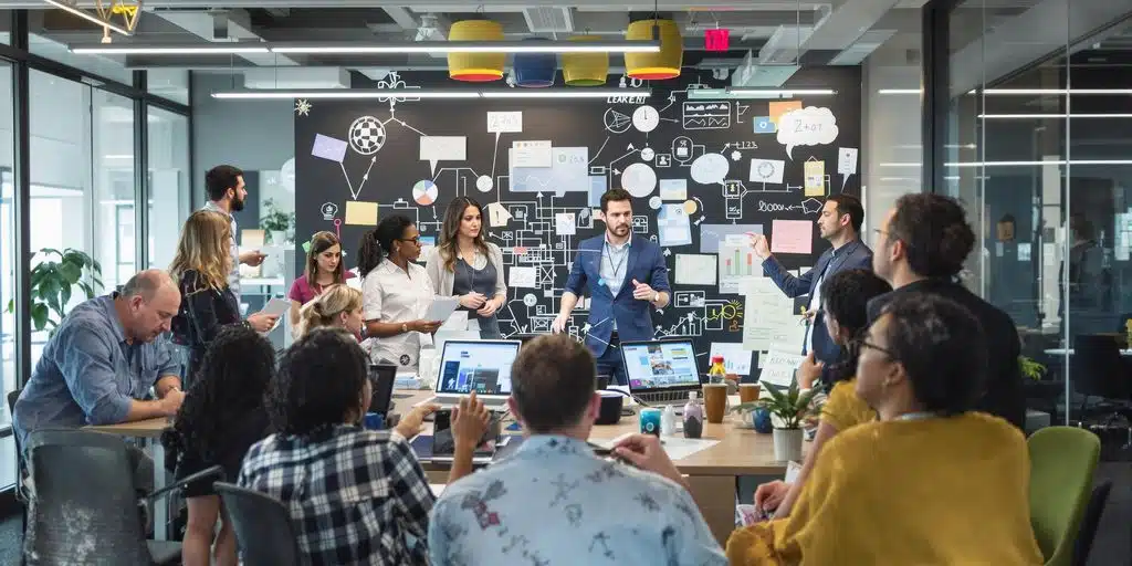 Un groupe de professionnels collaborant dans un bureau moderne.