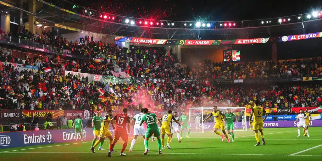 Match Al-Nassr contre Al-Ettifaq avec joueurs sur le terrain.