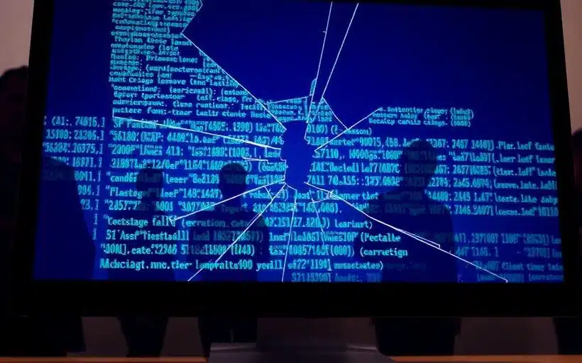 Écran d'ordinateur brisé avec code numérique en arrière-plan.