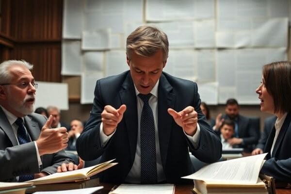 Scène de tribunal avec avocats et livres en arrière-plan.