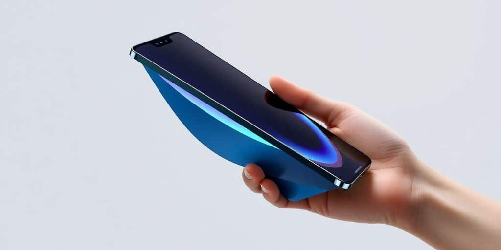 Design futuriste d'un iPhone pliable sur fond neutre. Design futuriste d'un iPhone pliable sur fond neutre.