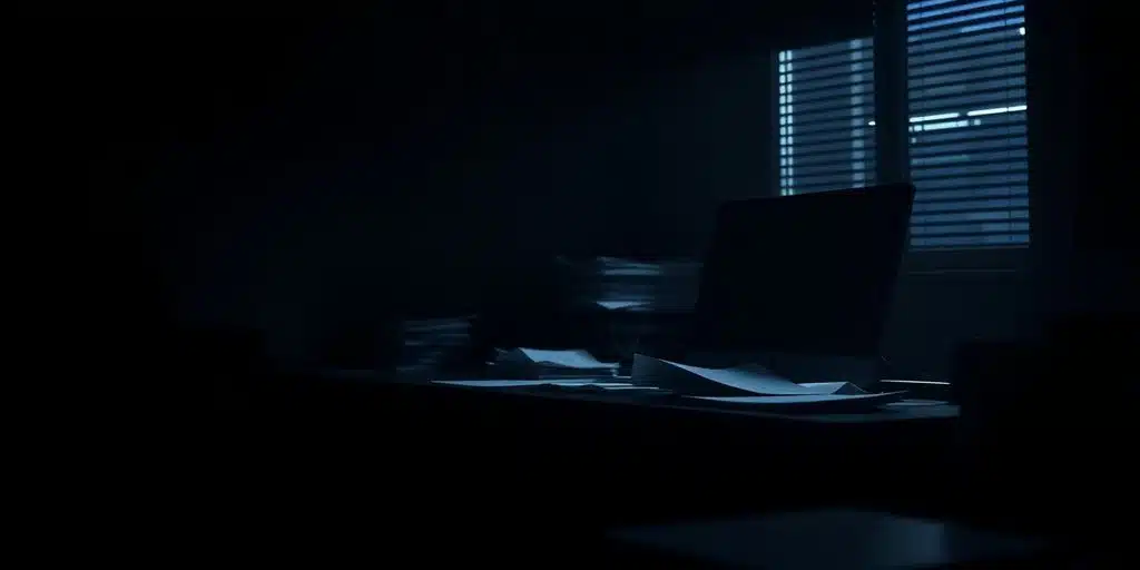 Bureau sombre avec documents, évoquant le harcèlement au travail.