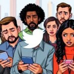 Groupe inquiet utilisant leurs smartphones, affichant de la frustration.