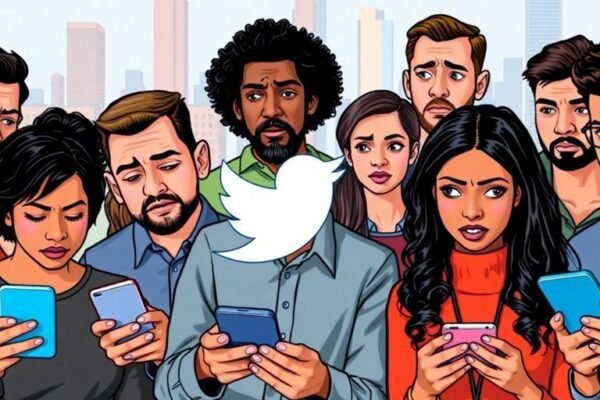 Groupe inquiet utilisant leurs smartphones, affichant de la frustration.