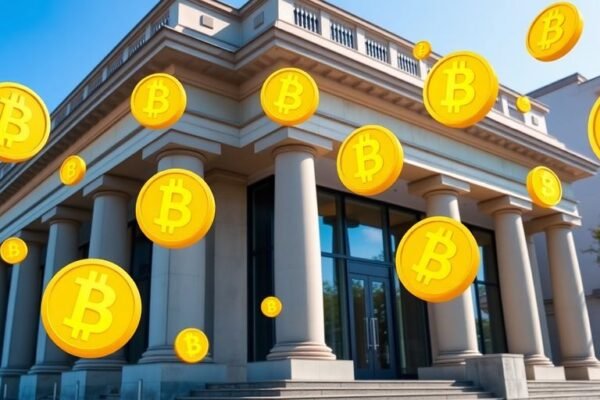 Banque moderne avec des symboles de crypto-monnaie.