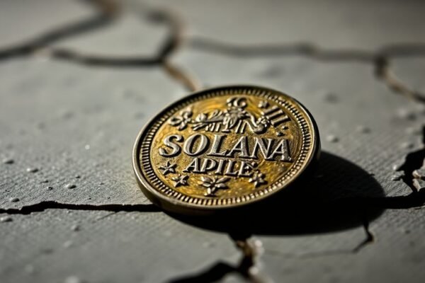 Monnaie Solana sur une surface fissurée et sombre.