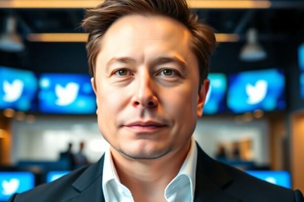 Elon Musk dans un bureau moderne avec des écrans numériques.