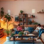 Intérieur moderne avec famille et espace de travail.