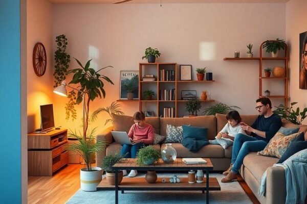 Intérieur moderne avec famille et espace de travail.