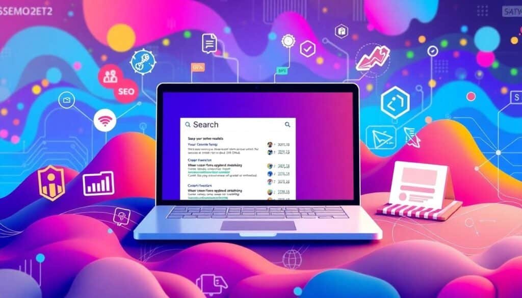 Bureau moderne avec ordinateur et éléments SEO. Bureau moderne avec ordinateur et éléments SEO.