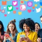 Groupe divers utilisant des smartphones et interagissant joyeusement.