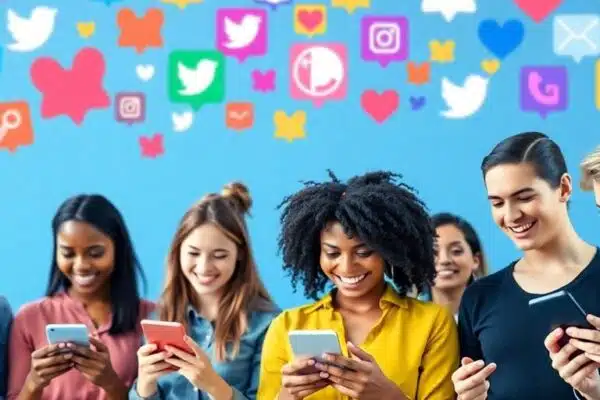 Groupe divers utilisant des smartphones et interagissant joyeusement.