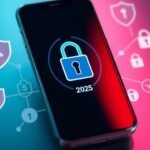 Smartphone avec écran de verrouillage et symboles de cybersécurité.
