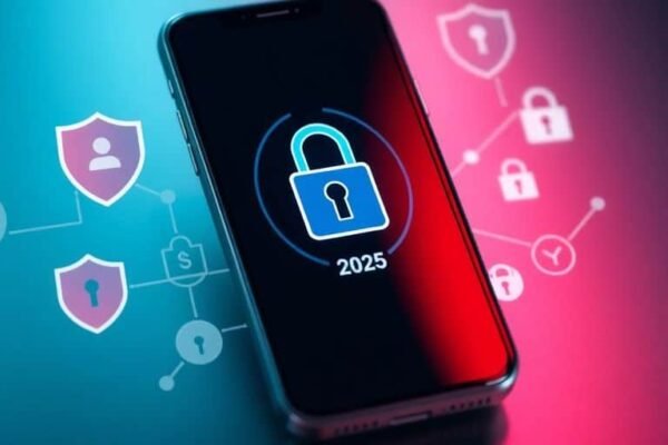 Smartphone avec écran de verrouillage et symboles de cybersécurité.