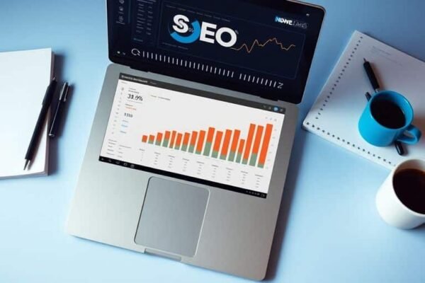 Ordinateur portable avec analyses SEO sur un bureau moderne.