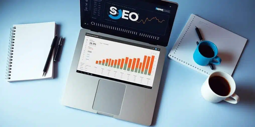 Ordinateur portable avec analyses SEO sur un bureau moderne.