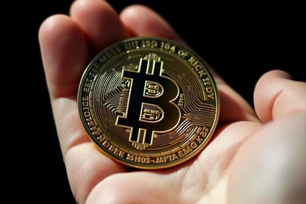 Main dans l'ombre tenant un Bitcoin brillant.