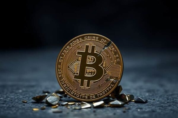Bitcoin en ruine sur fond sombre et chaotique.