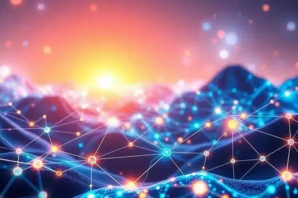 Vue d'un paysage numérique futuriste et connecté.