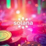 Photographie de jetons Solana sur fond technologique.