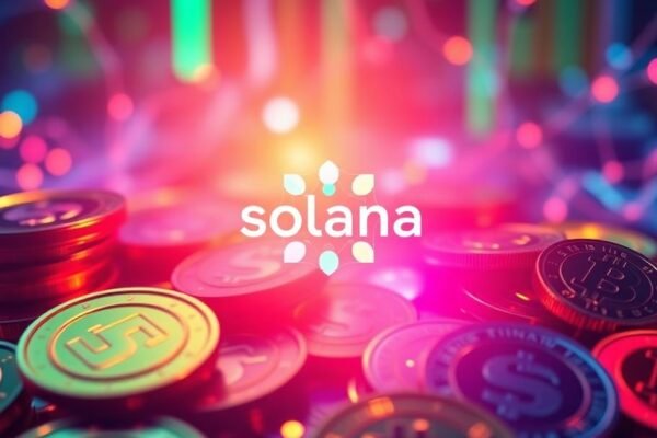 Photographie de jetons Solana sur fond technologique.