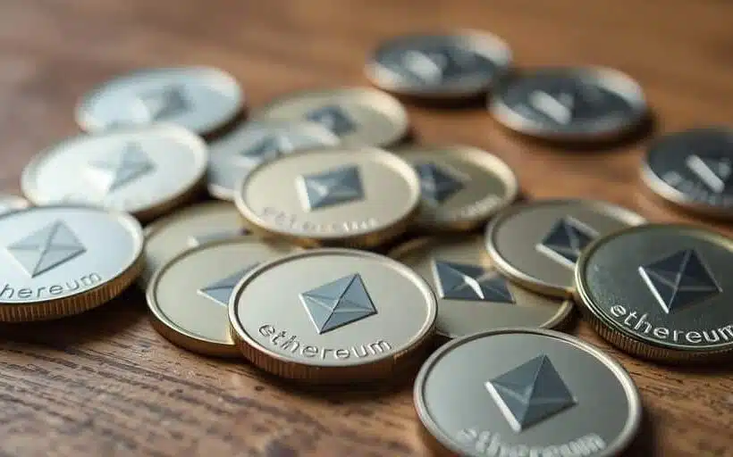 Des pièces d'Ethereum dispersées sur une surface en bois.
