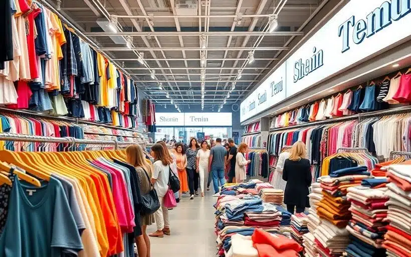 Scène de shopping avec vêtements de Shein et Temu.