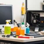 Espace de travail propre avec matériel informatique entretenu.