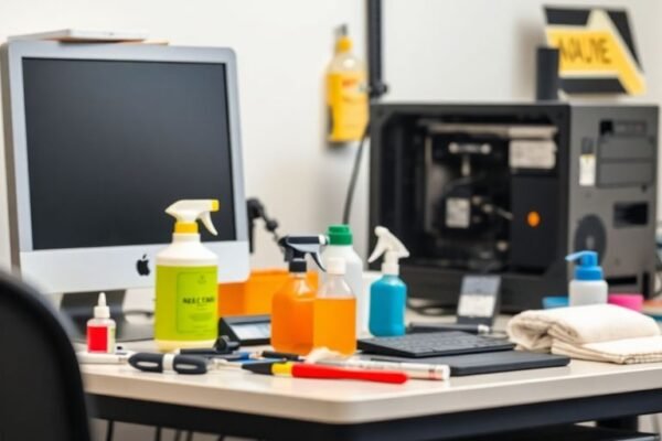 Espace de travail propre avec matériel informatique entretenu.