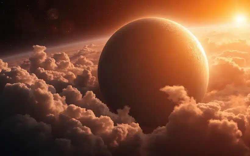 Photographie de l'exoplanète K2-18b avec atmosphère colorée.