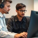 Technicien support informatique travaillant sur un ordinateur.