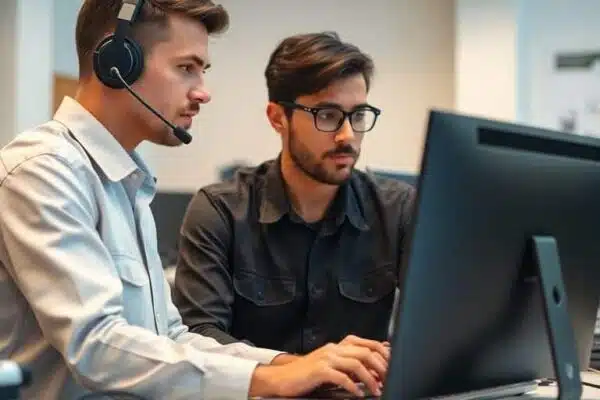 Technicien support informatique travaillant sur un ordinateur.