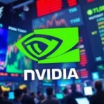 Scène de marché boursier dynamique avec le logo Nvidia.
