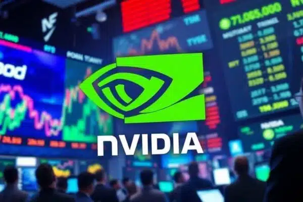 Scène de marché boursier dynamique avec le logo Nvidia.