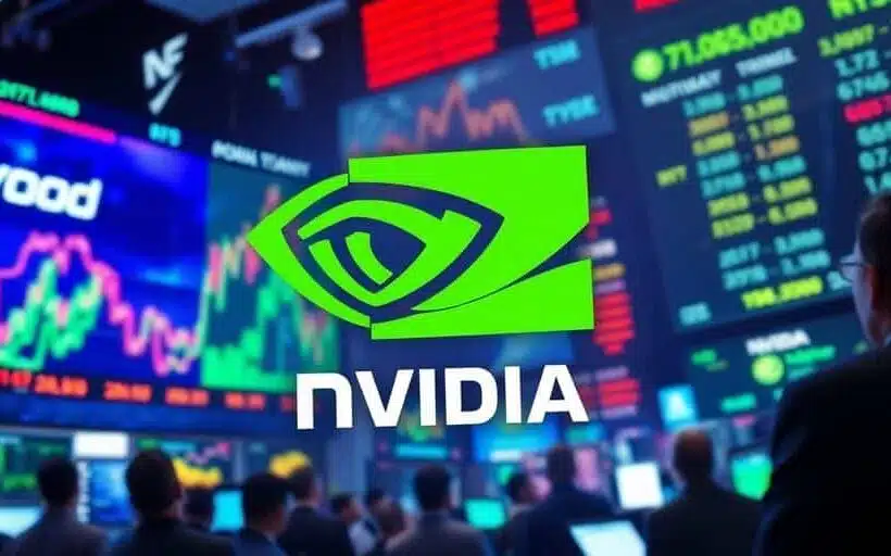 Scène de marché boursier dynamique avec le logo Nvidia.