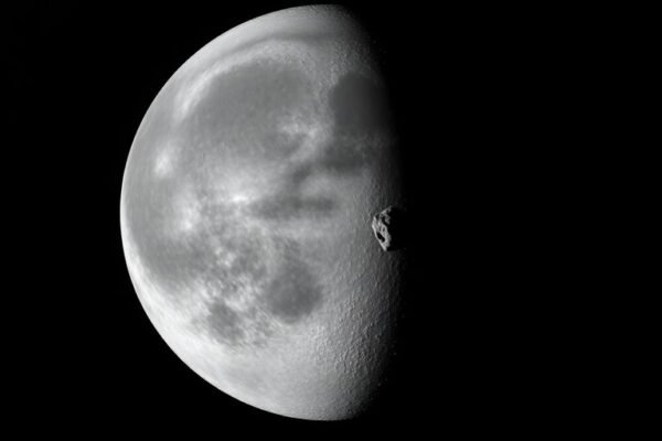 Astéroïde s'approchant de la Lune dans l'espace.